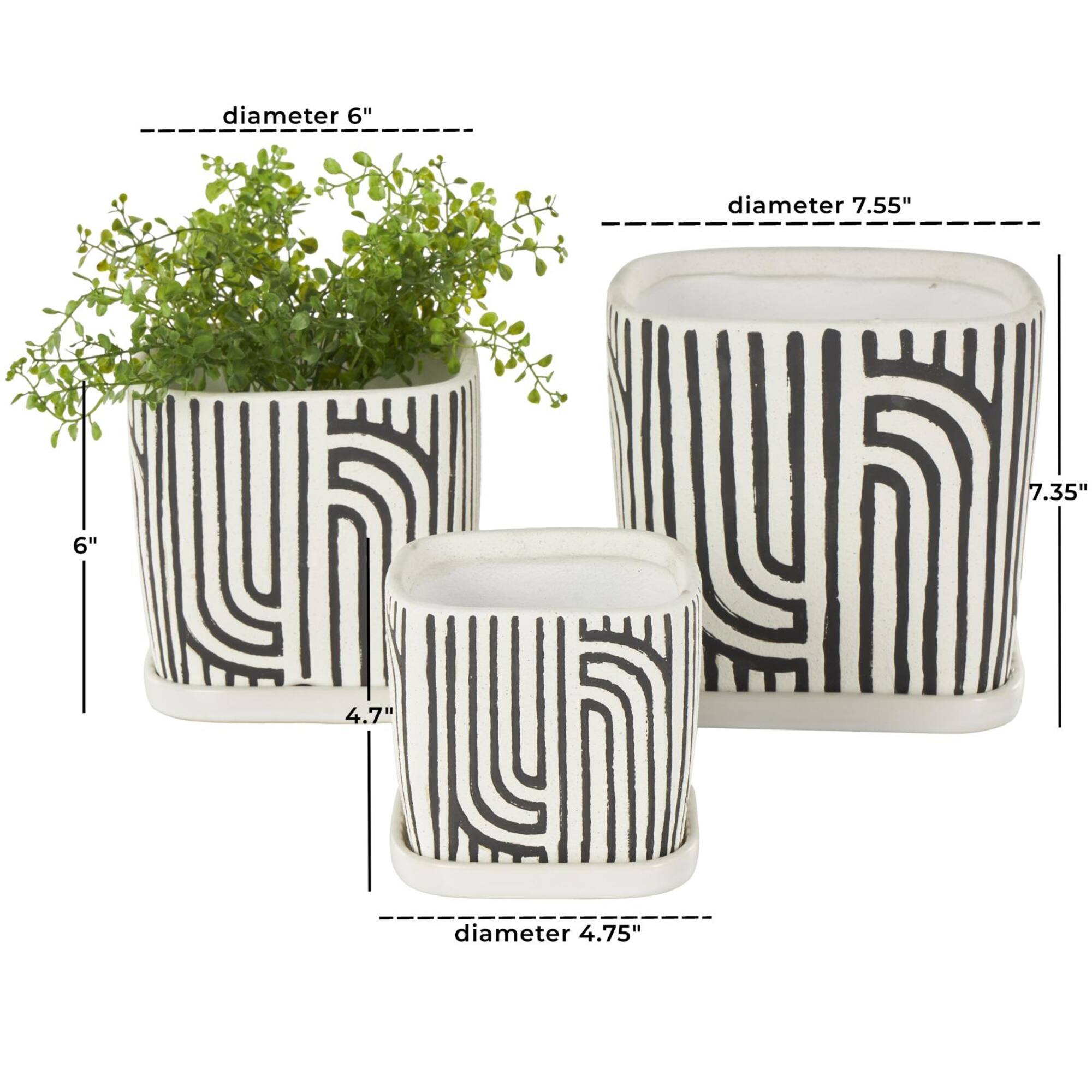 Black Geometric Linear Arch Pattern Ceramic Planter Set